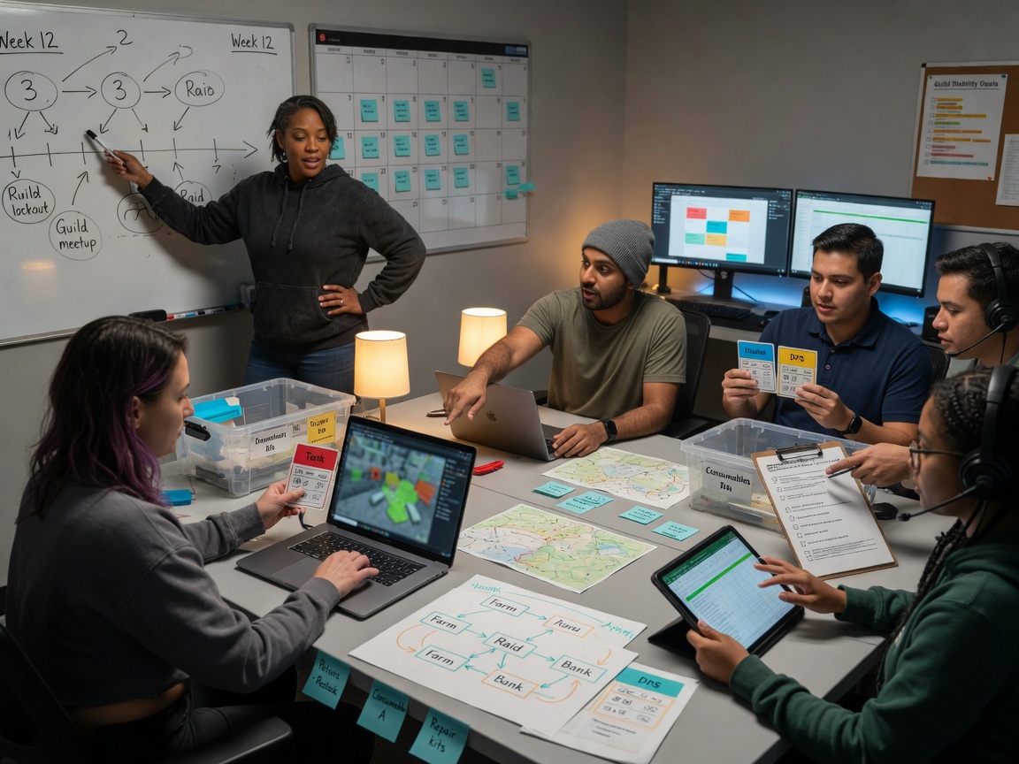 Photorealistic candid of a diverse gaming team collaborating: a guild leader at a whiteboard,