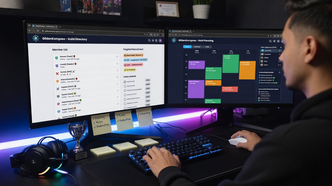 Nighttime photo of a guild leader at a dual‑monitor RGB-lit desk, screens showing a