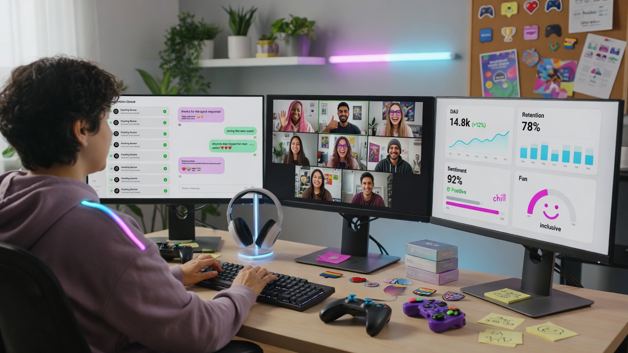 Photo of a modern gaming community manager’s desk with three monitors showing moderation, a