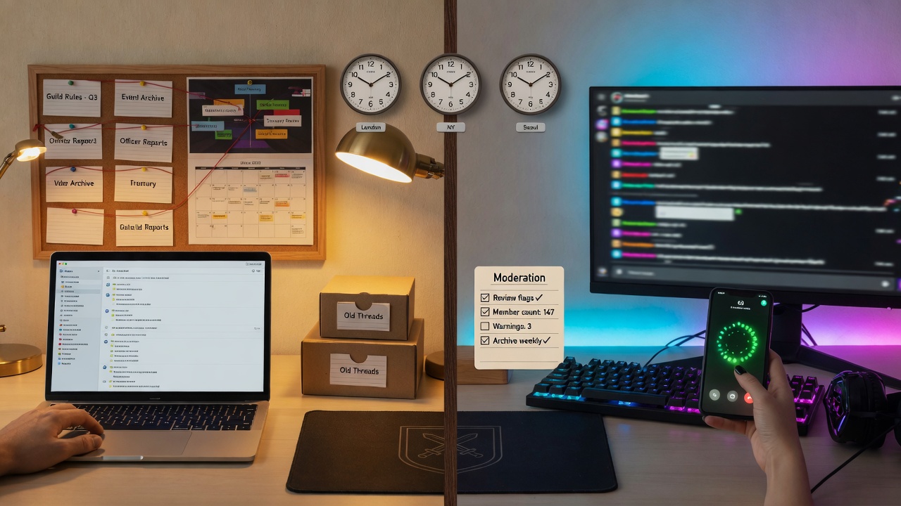 Split-scene photo of a guild’s communication setup: left, an organized forum workspace in warm