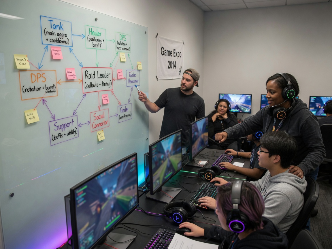 A realistic photo of a diverse MMO guild onboarding session: veterans welcome a new