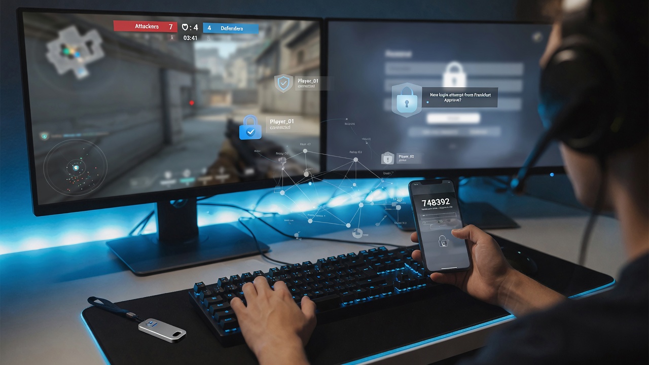 Over-the-shoulder photo of a gamer at a dual-monitor PC, holding a phone with a