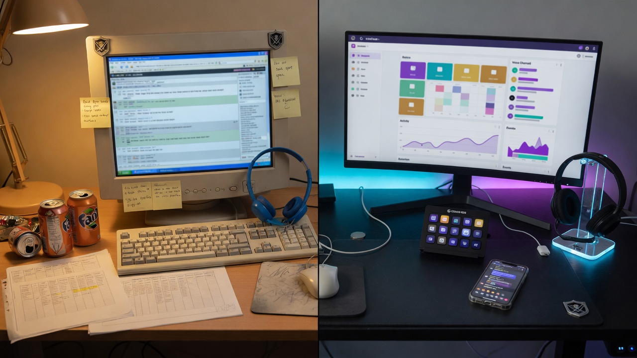 Overhead flat-lay timeline on a desk: left to right progression from printed forum pages,