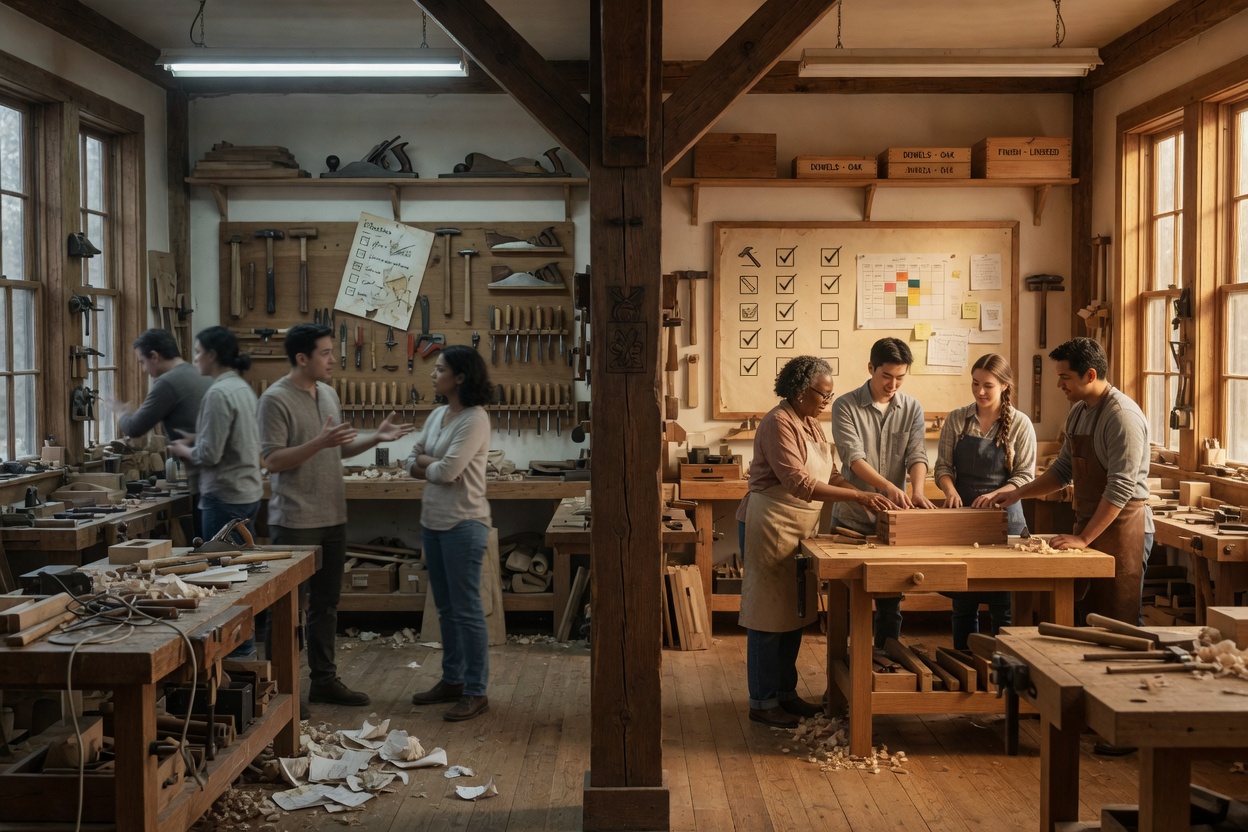 Split-scene photo of a guild workshop showing organized teamwork on one side and chaotic