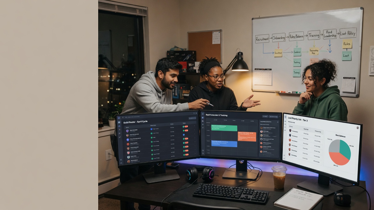 Photographic scene of a guild leader and teammates at a multi-monitor gaming desk, reviewing