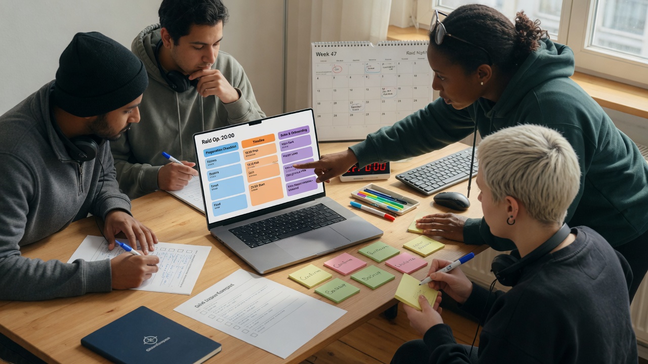 Photographic scene of a guild team planning an MMO raid with checklists, a timeline,